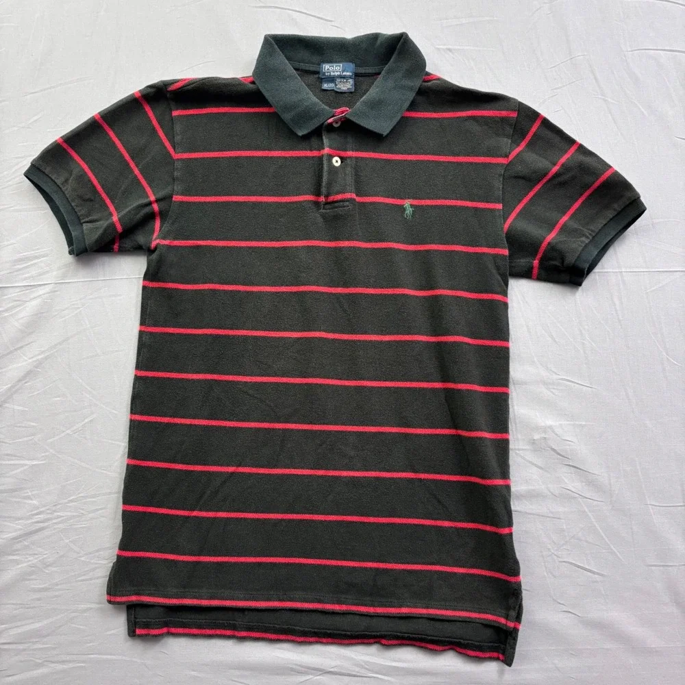 Polo Ralph Lauren Kids XL 18-20 Black Red Striped Cotton Pique Polo Shirt Preppy